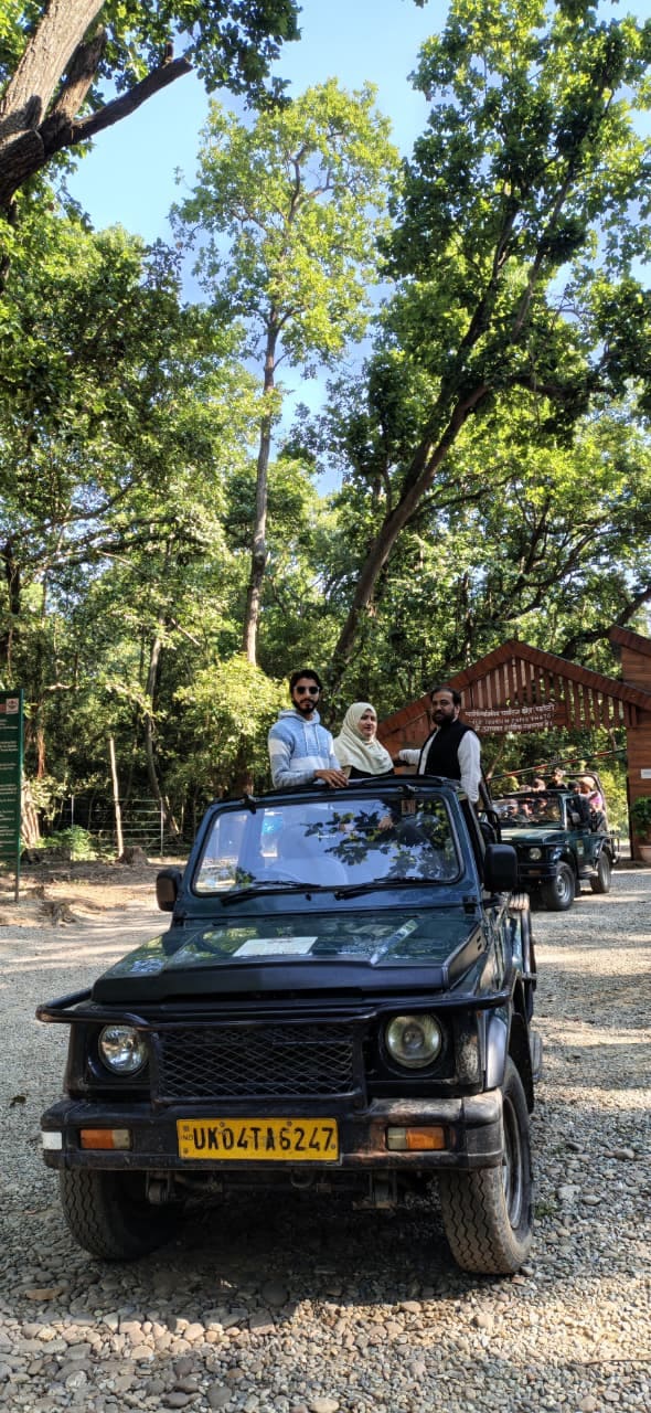 Visitors in an open safari jeep beneath forest trees