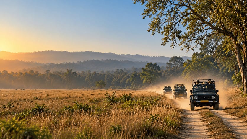 Safari jeeps travelling through grasslands in the morning light