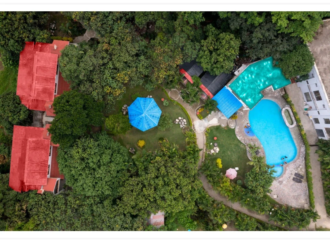 Corbett Wild River Access — aerial view of the grounds and pool