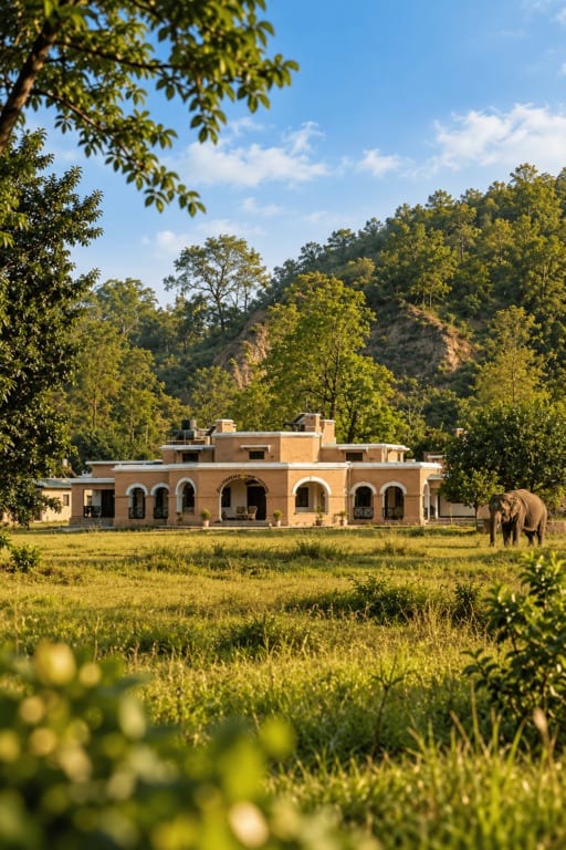 Illustrative Bijrani forest accommodation surrounded by trees