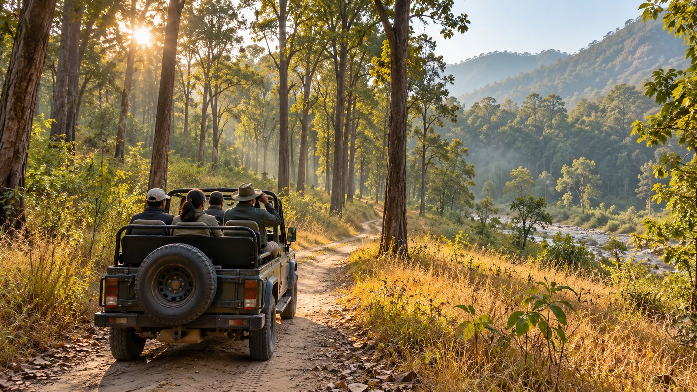 A jeep safari through sunlit forest in the Corbett landscape