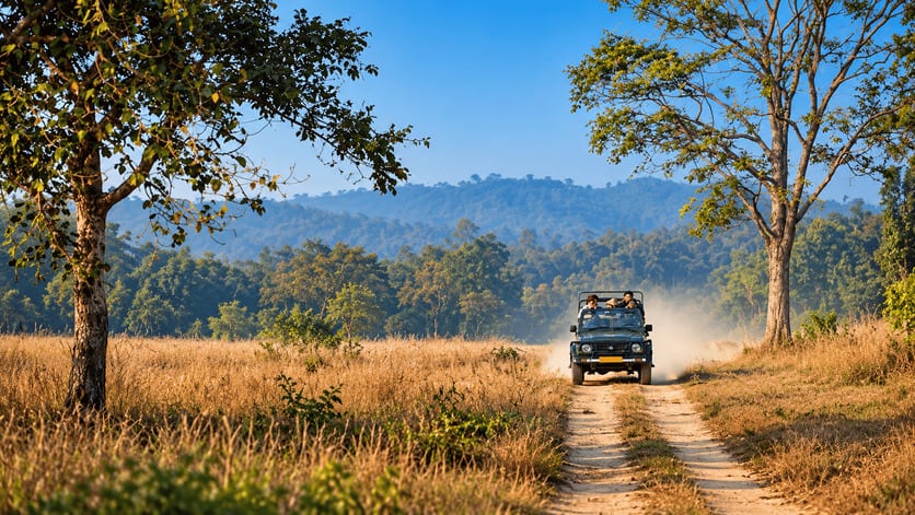 A safari jeep approaching along a track through golden grasslands