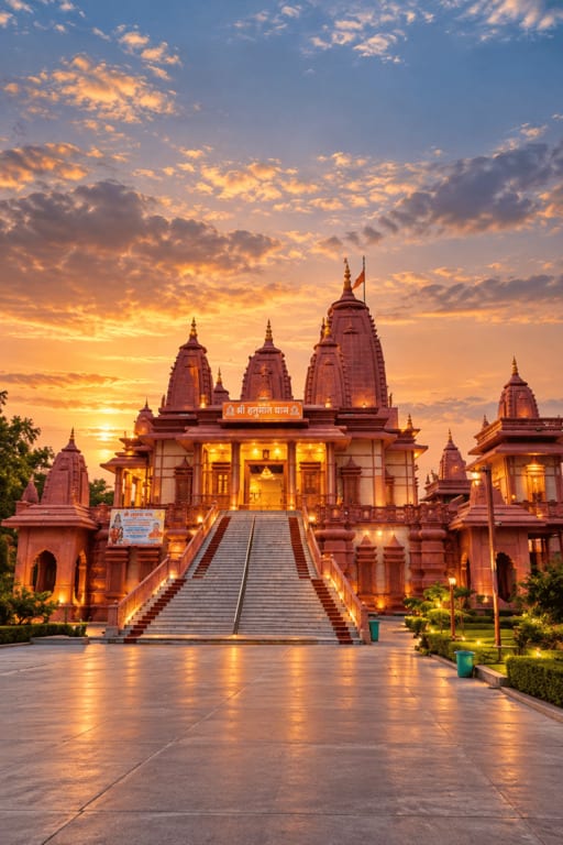 Hanuman Dham in Chhoi, Ramnagar, illuminated in the evening
