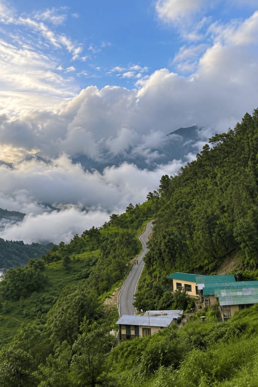 A winding hill road and green foothills for the Kath Ki Naav sightseeing stop