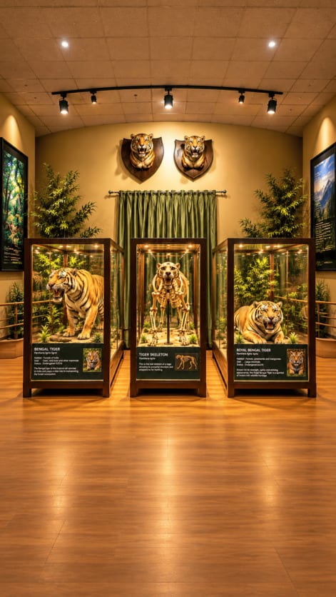 Wildlife exhibits displayed inside a museum