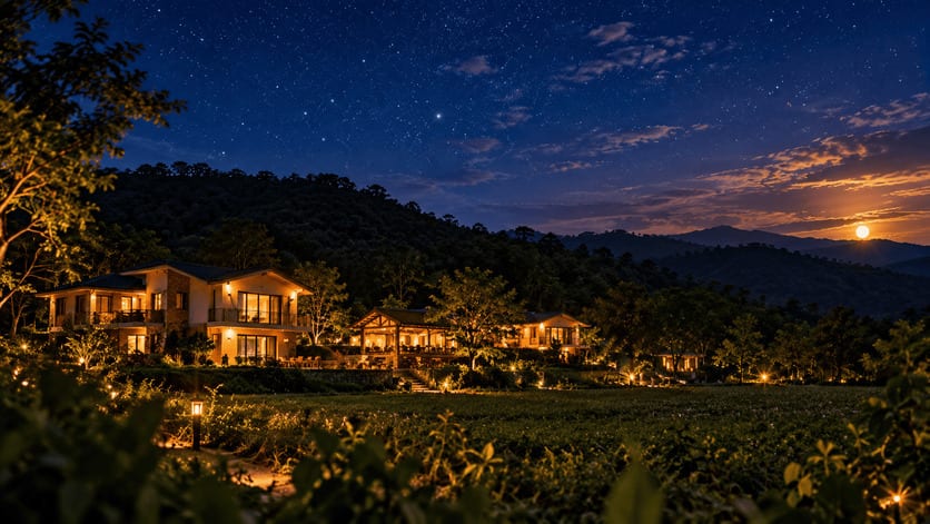 Illustrative forest retreat beneath a starry night sky