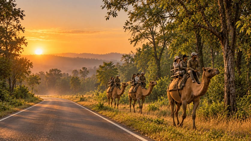 A camel caravan following a tree-lined road at sunrise